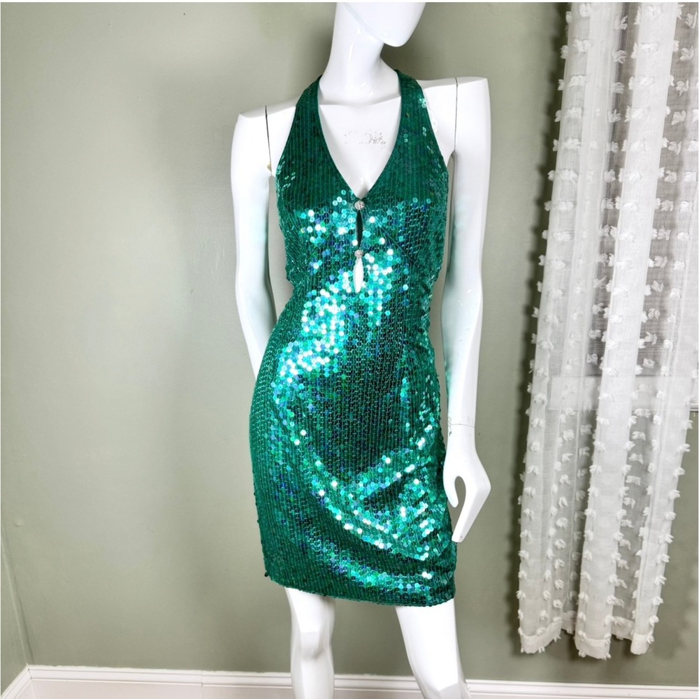 Late 90s / Y2K Teal Sequin Halter Dress‎ – Niteline Size 10 (Fits Medium)
